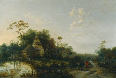 Landschap met figuren die langs een huisje en een vijver lopen door Cornelis Snellinck